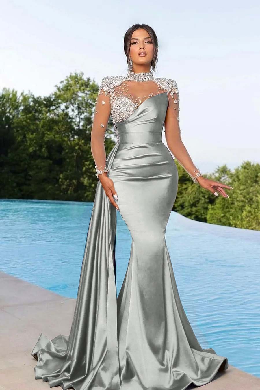 Bmbridal Purple Long Sleeves Mermaid Ruffle Gown With Crystals