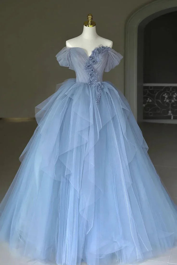 Vestido de Baile Azul com Aplicações de Tule Fairy Vestido de Aniversário Y7682