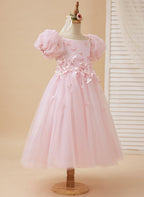 Tulle Tea Length Flower Girl Dress Square Neck Floral Applique Beading