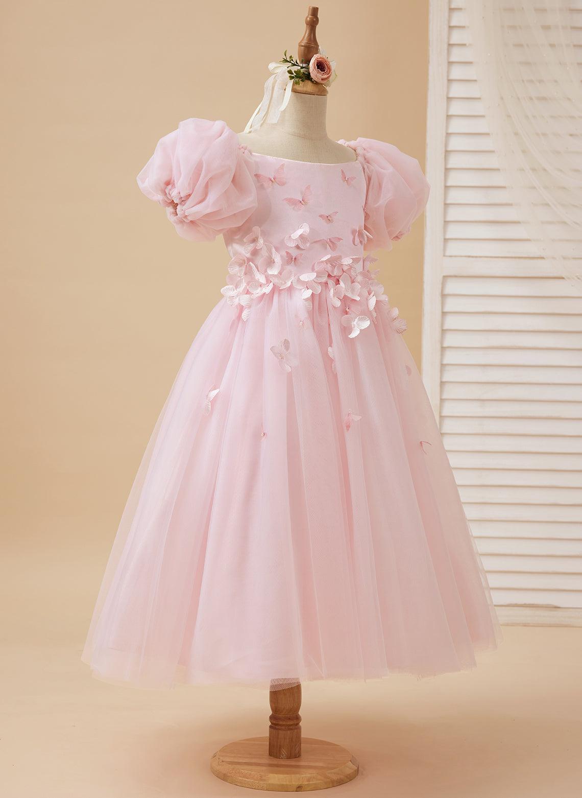 Tulle Tea Length Flower Girl Dress Square Neck Floral Applique Beading