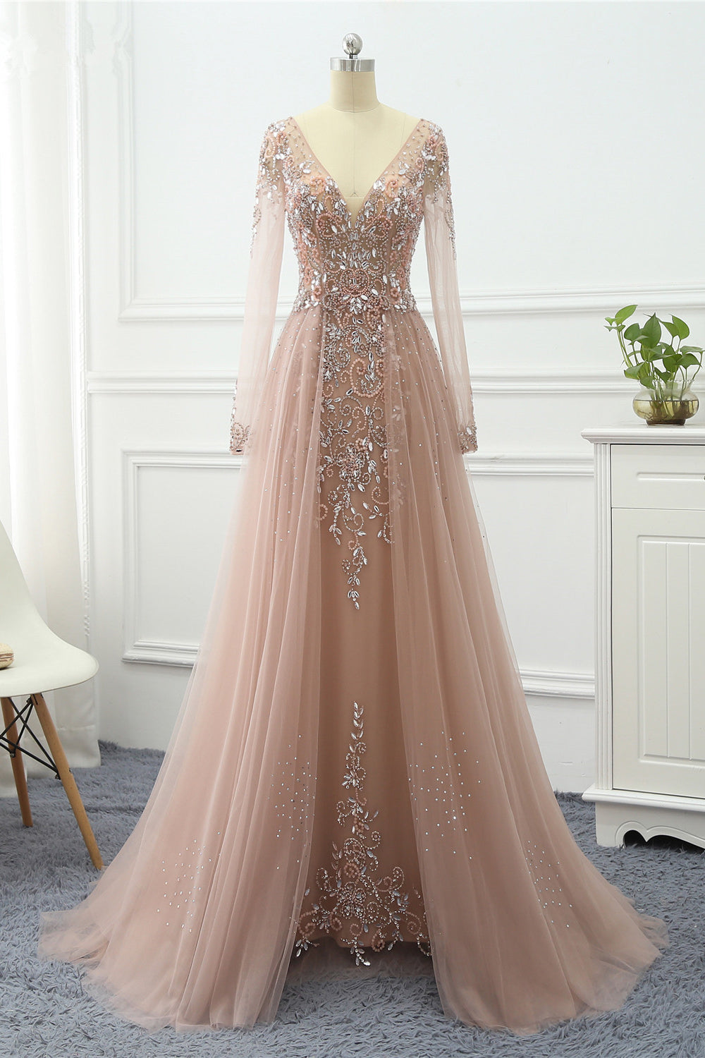 Elegant V Neck Long Sleeves Prom Dress With Overskirt Beading And Appliques