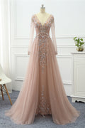 Elegant V Neck Long Sleeves Prom Dress With Overskirt Beading And Appliques