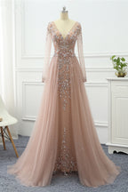 Elegant V Neck Long Sleeves Prom Dress With Overskirt Beading And Appliques