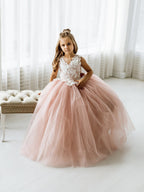 Dusty Rose Puffy Lace Sleeveless Flower Girl Dresses With Appliques And Bow