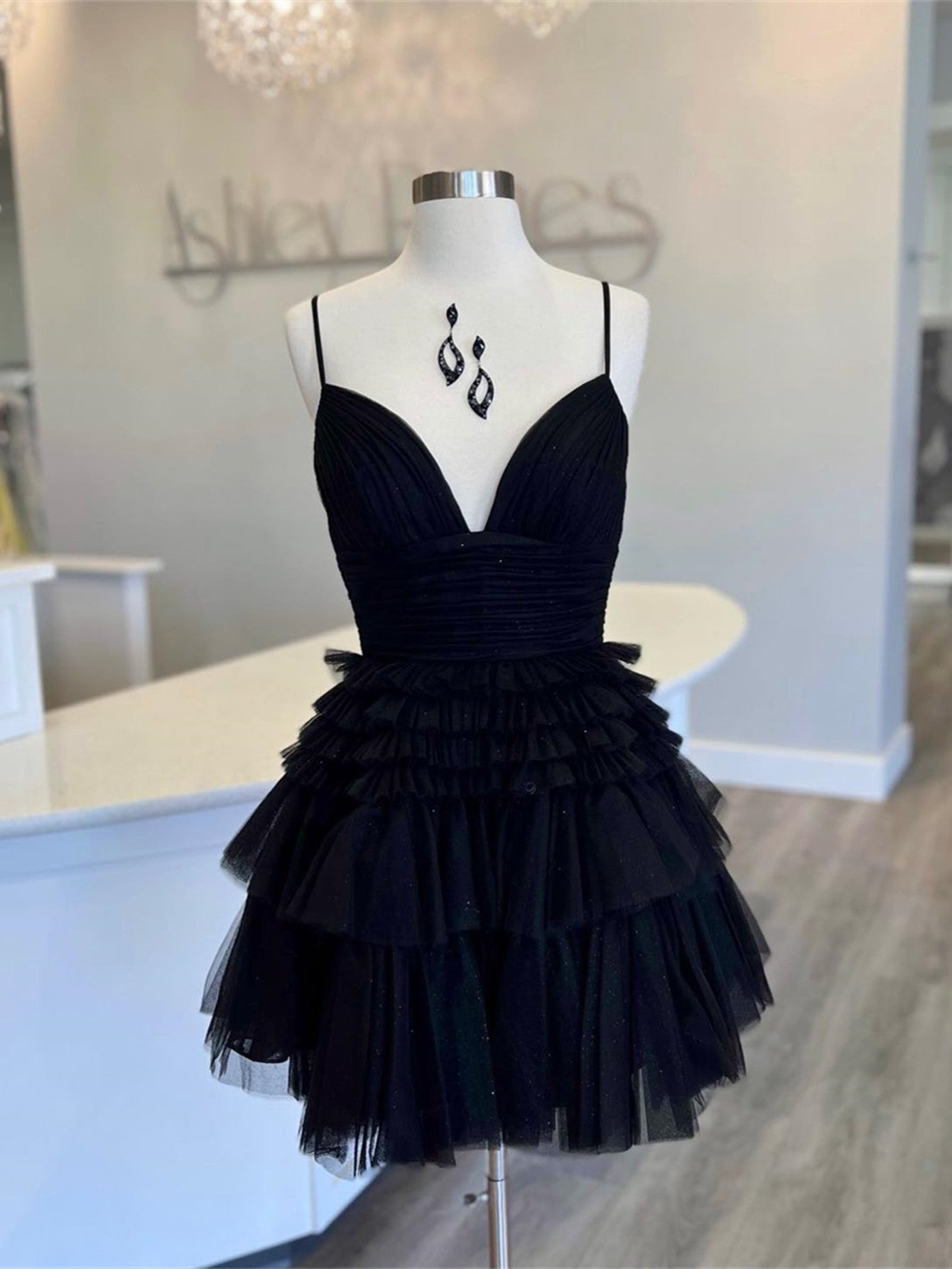 A-Line Deep V Neck Tiered Short Homecoming Dress