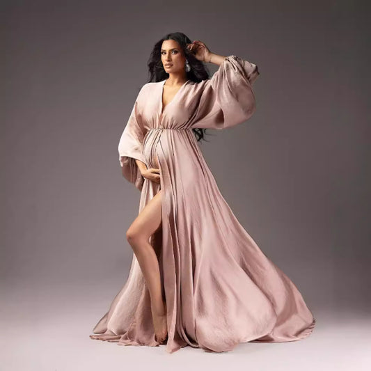 6125#Long lantern sleeve maternity clothes v-neck maternity dress portrait dress