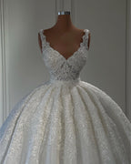 Bmbridal V Neck Sleeveless Lace Appliques Ball Gown Wedding Dress