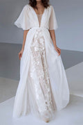 Boho V Neck Chiffon A Line Lace Wedding Dress Belt