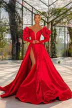 Sexy rotes langes Ballkleid aus Satin mit V-Ausschnitt und Puffärmeln und Schlitz