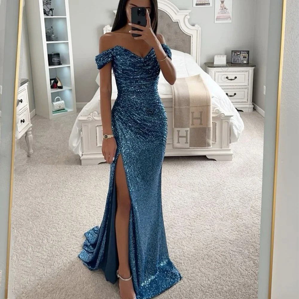 Vestidos largos de sirena para mujer 2026 elegantes con lentejuelas, escote a los hombros, abertura, cintura alta, formales para baile de graduación, para fiesta, personalizados