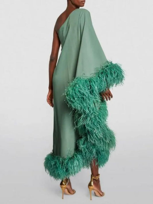 Spring Summer Women Clothing Feather One Shoulder Large Swing Evening Dress – Elegant and Stylish Option for Special Occasions
