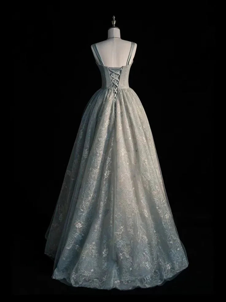Vestido de Festa Longo em Tule Verde-Sálvia Encantador com Renda, Modelo Linha A, Vestido de Noite Y7544