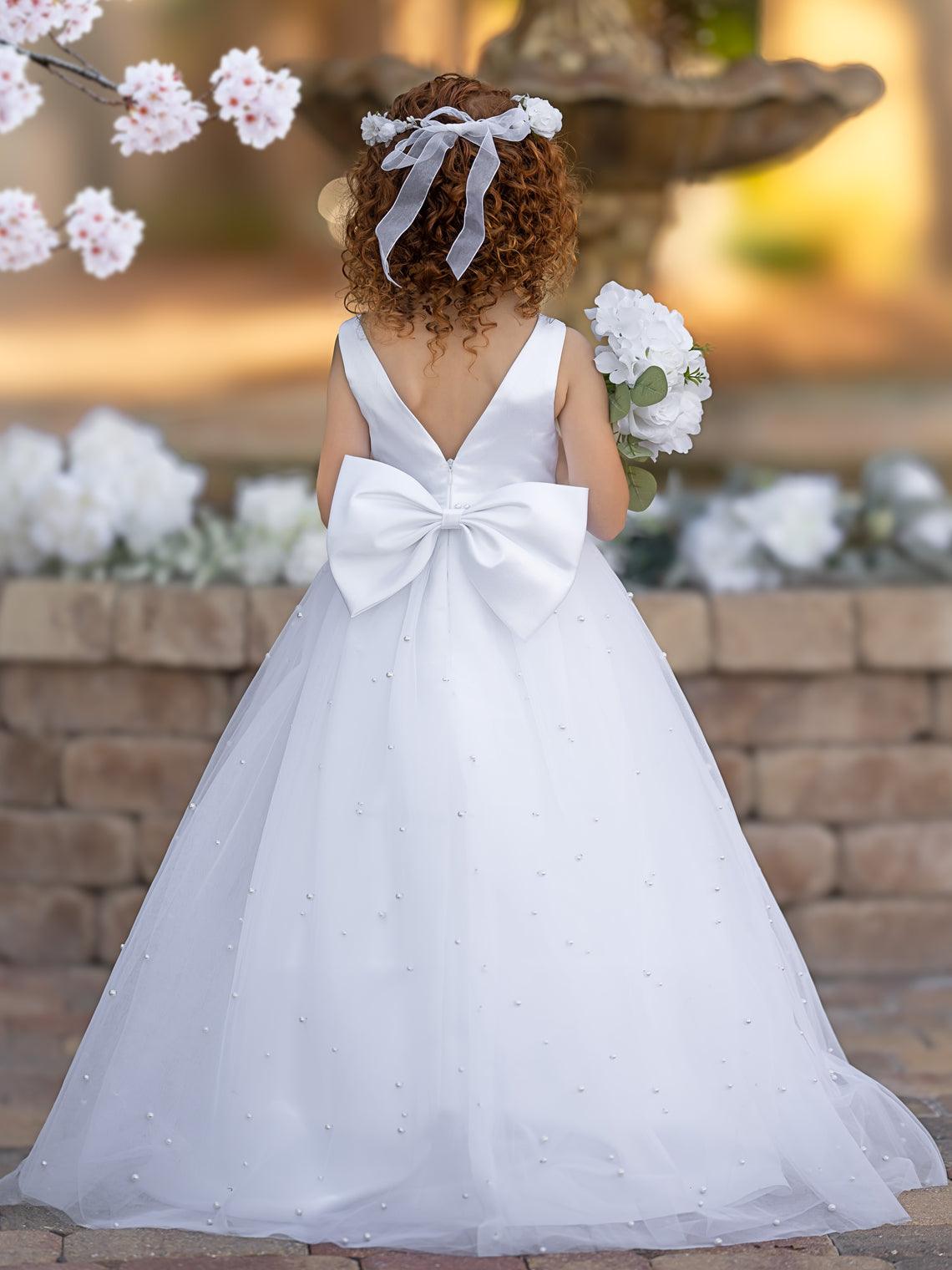 Floor Length V Neck Satin Tulle Princess Flower Girl Dress