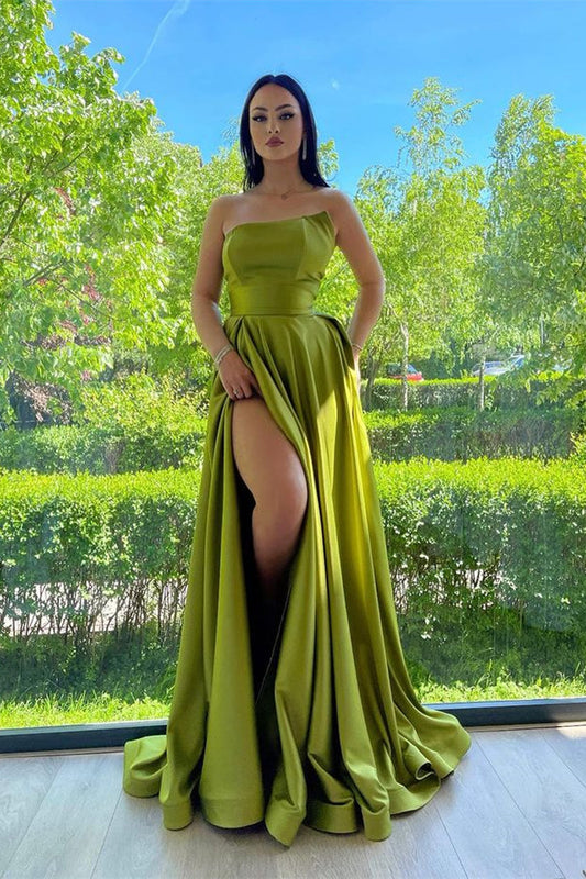 Vestidos de fiesta largos sin tirantes, corte A, de satén, con abertura frontal y bolsillos