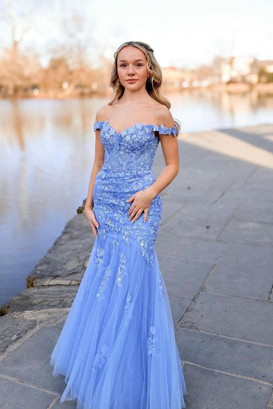 Vestidos de fiesta largos de sirena con apliques de tul y hombros descubiertos