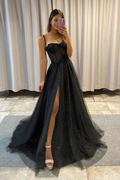 Sequined Spaghetti Strap Sleeveless Long Split Prom Dress