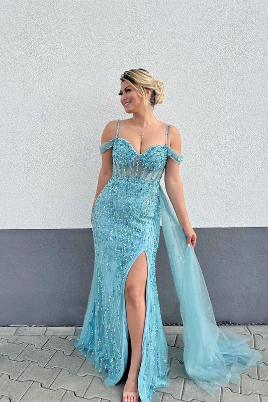 Off The Shoulder Sapphire Blue Mermaid Prom Gown with Ruffles and Sparkling Beads