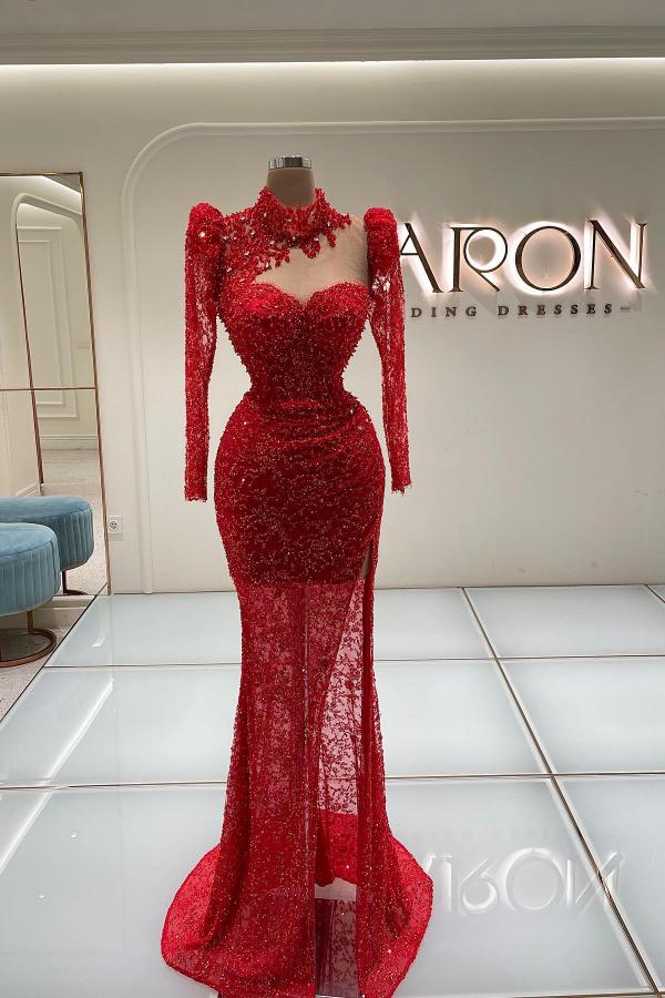 Red Long Sleeve Mermaid Evening Dress With Lace And Beading