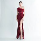 Heavy Industry Ostrich Hair Craft Beading Evening Dress with Side Slit