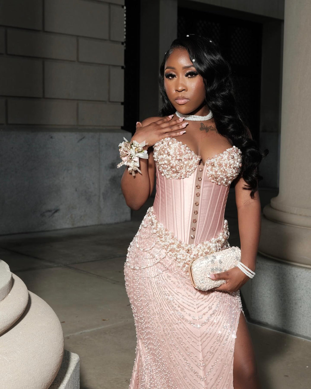 Blush Pink Pearl Beaded Corset Mermaid Prom Dress With Detachable Sleeves