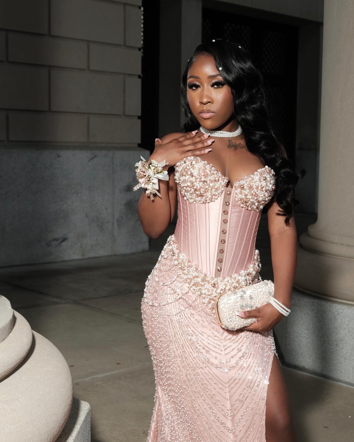 Blush Pink Pearl Beaded Corset Mermaid Prom Dress With Detachable Sleeves