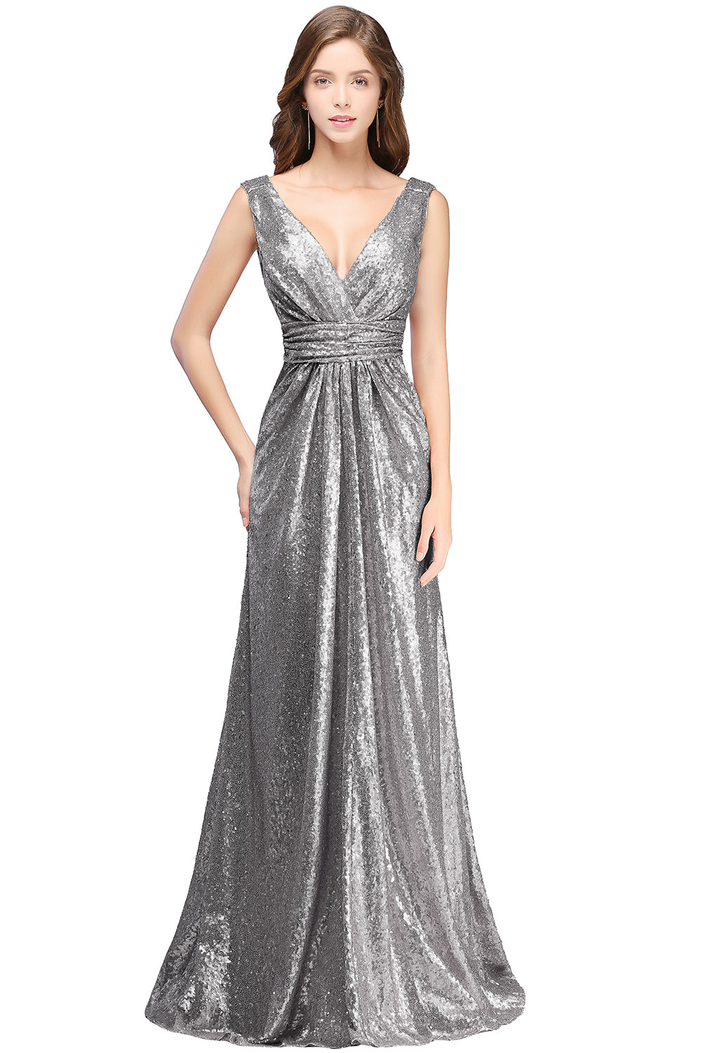 BMbridal Elegant A Line Open Back Sequined Sleeveless V Neck Evening Dress