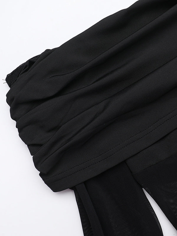 Lange Ärmel, schmal, plissiert, durchsichtig, einfarbig, mit Schlitz, schulterfrei, Abendkleider, Maxikleider 