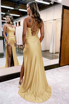 Hot Pink Spaghetti Straps Satin Mermaid Prom Dress With Slit