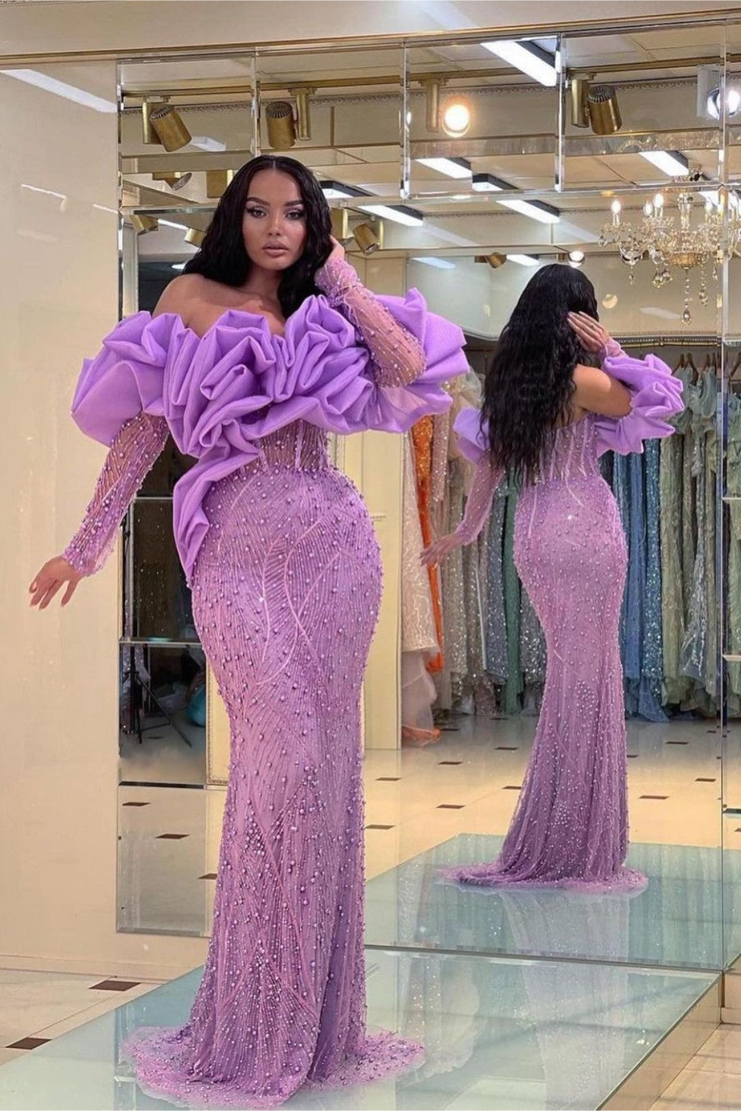 Prom Dress Purple Bubble Sleeves Gown Sequins Beading Custom Color