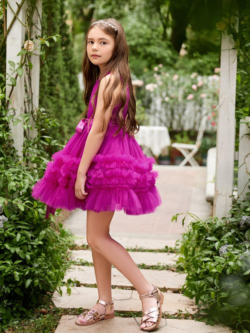 Fuchsia Princess Sleeveless Tulle Flower Girl Ruffles Mini Wedding Dress