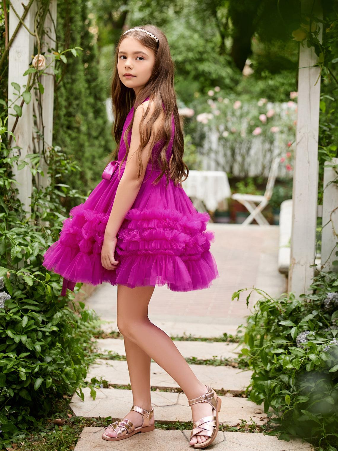 Fuchsia Princess Sleeveless Tulle Flower Girl Ruffles Mini Wedding Dress