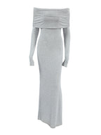 Abiti da Sera Lunghi a Maniche Lunghe e Aderenti con Piega a Soffietto, Monocolore, Spacco Laterale e Scollati sulle Spalle