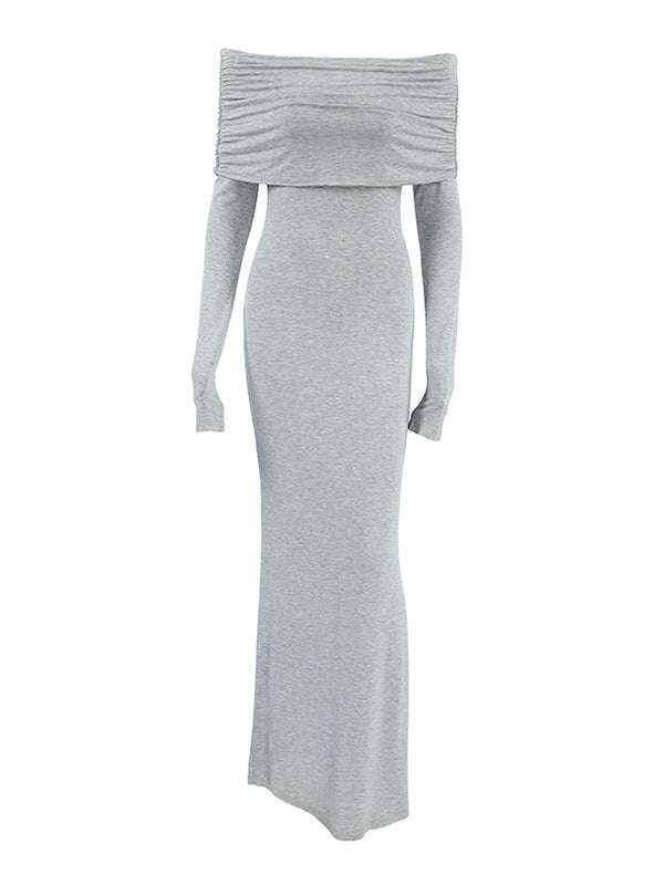 Lange Ärmel, schmal, plissiert, einfarbig, mit Schlitz, schulterfrei, Abendkleider, Maxikleider 