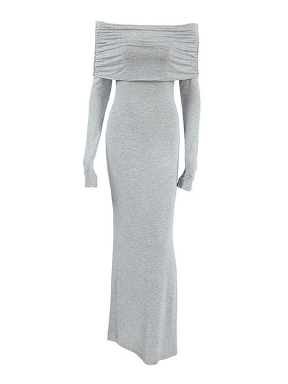 Long Sleeves Skinny Pleated Solid Color Split-Joint Off-The-Shoulder Evening Dresses Maxi Dresses