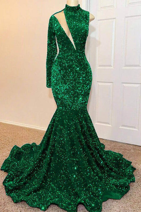 Abito da sera verde sirena lungo fino a terra con paillettes, collo alto e maniche lunghe