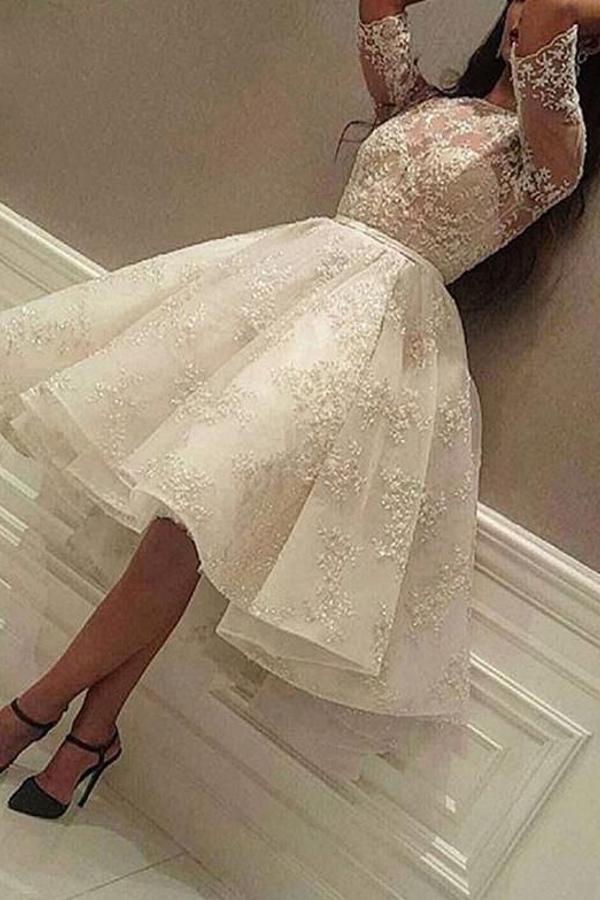 Short A Line Jewel Sleeves Wedding Dress With Tulle Lace