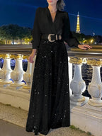 TARUXY Splice Pailletten Maxi Kleider Für Frauen Mode Falten Lose V-ausschnitt Elegante Kleid Femme Party Abendkleider Luxus 2023 