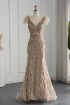 Bmbridal Taupe A Line V Neck Tulle Cap Sleeves Prom Dress With Appliques