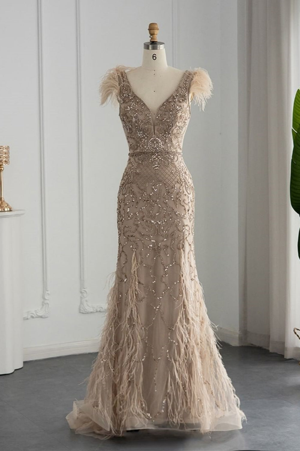 Bmbridal Taupe A Line V Neck Tulle Cap Sleeves Prom Dress With Appliques