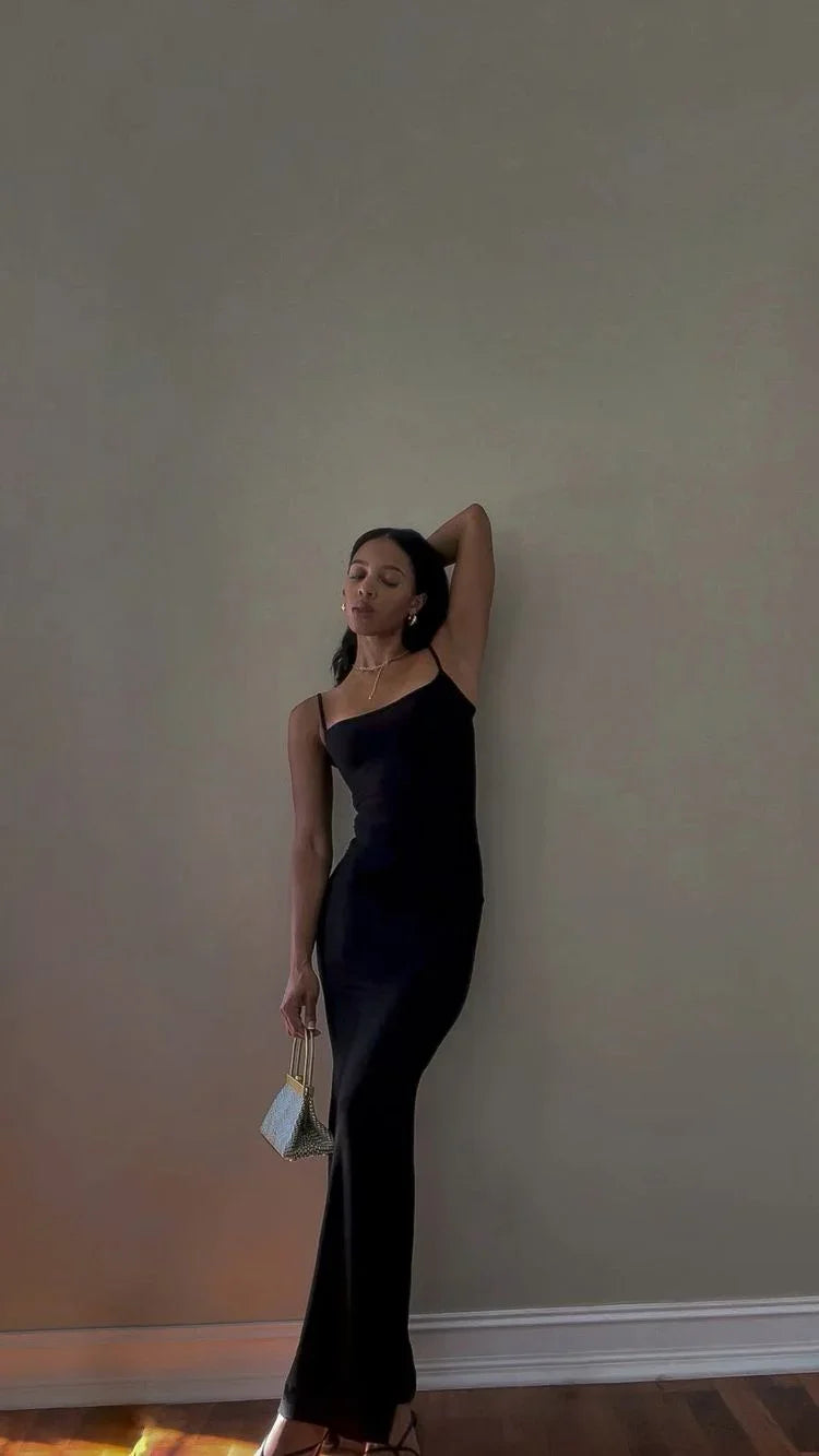Abito lungo da sera nero elegante con spalline sottili Black Mermaid Y444