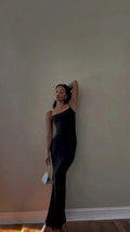 Abito lungo da sera nero elegante con spalline sottili Black Mermaid Y444