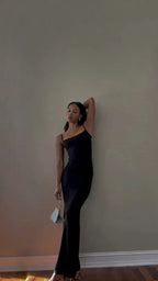 Abito lungo da sera nero elegante con spalline sottili Black Mermaid Y444