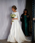 Classic Satin Long A Line Bateau Wedding Dress With Sleeves