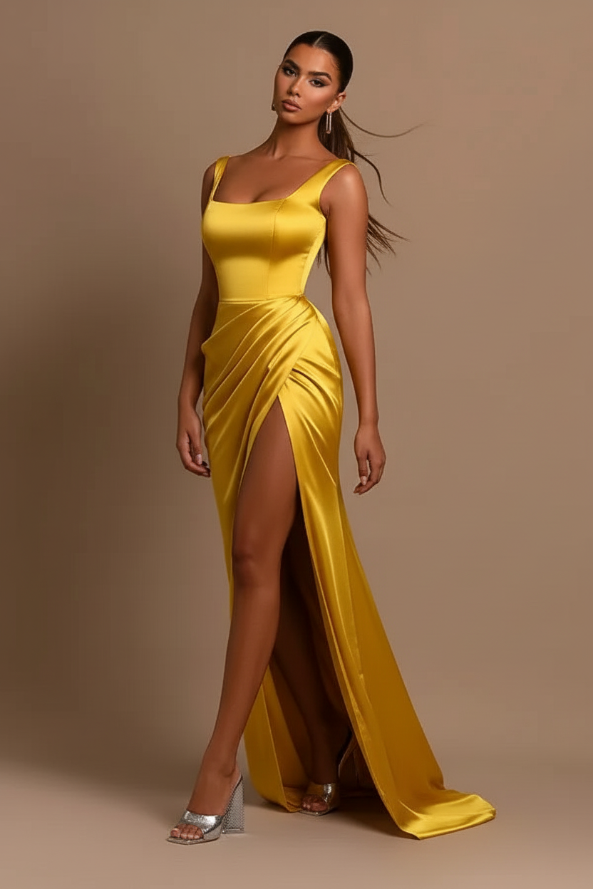 Bmbridal Satin Mermaid Prom Dress With Straps And Front Slit