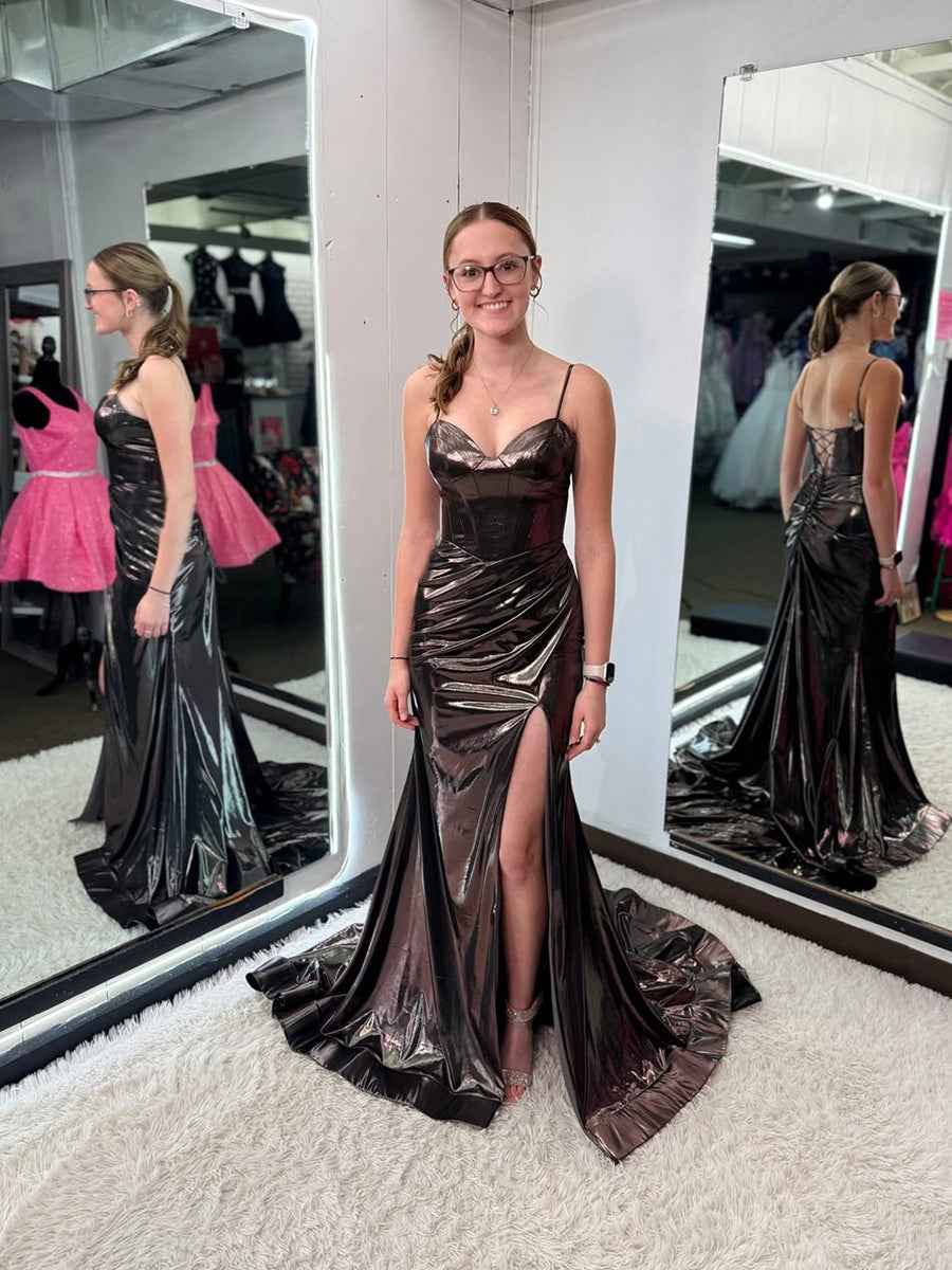 Liquid Metallic Corset Prom Dress With High Slit And Spaghetti Straps