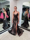 Liquid Metallic Corset Prom Dress With High Slit And Spaghetti Straps