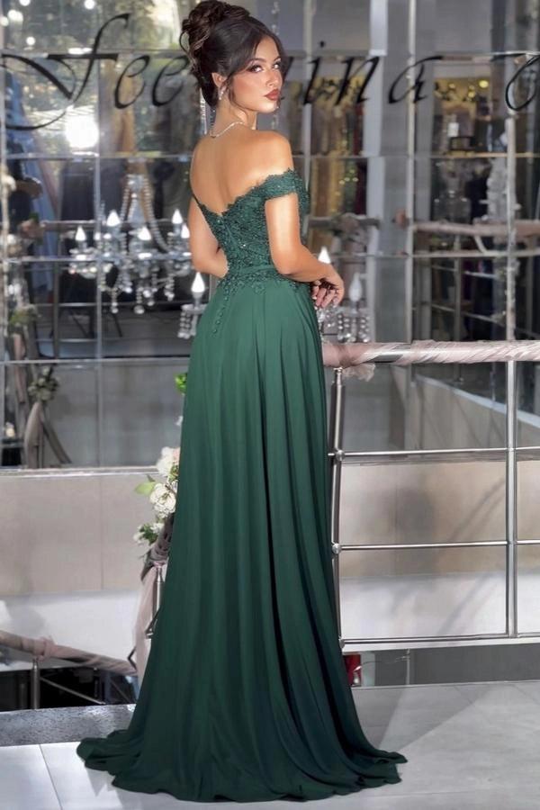 Dark Green A Line Prom Dress Off Shoulder Crystal Lace Corset Chiffon