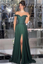 Dark Green A Line Prom Dress Off Shoulder Crystal Lace Corset Chiffon