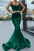 Robe de bal longue en satin vert foncé, coupe sirène, décolleté cœur