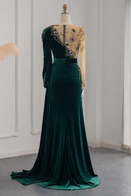 Abiti da sera sirena con maniche lunghe verde scuro e balze per ballo di fine anno